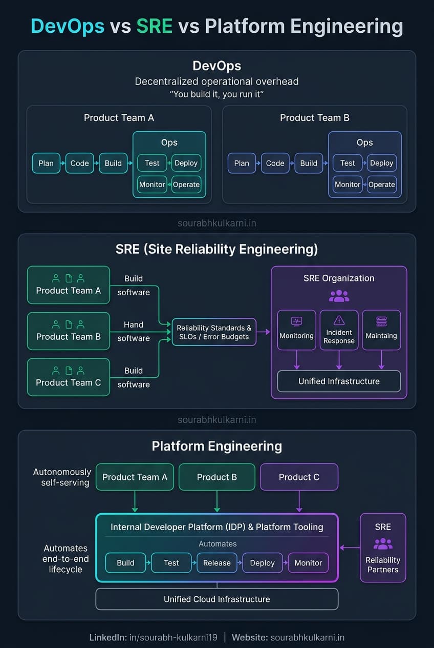 SRE vs DevOps vs Platform Engineering: The Complete Architectural & Operational Difference